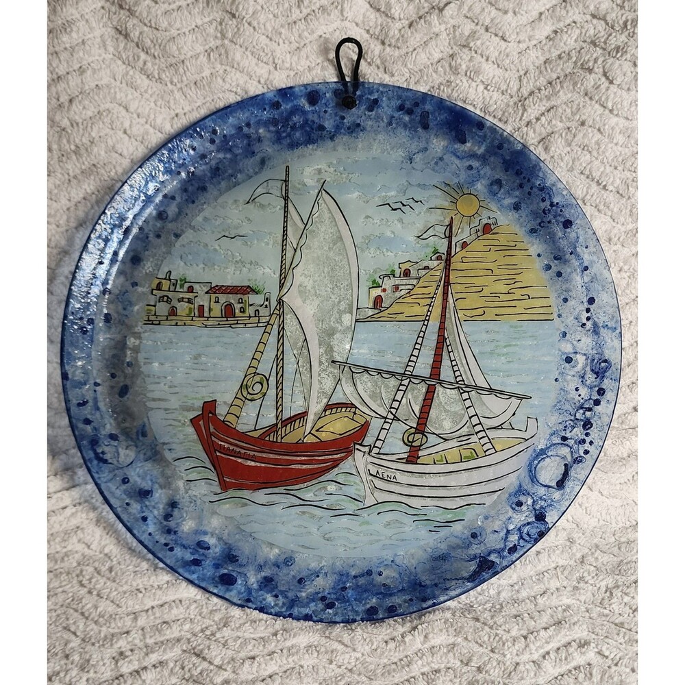 Vintage NAUTICAL Sailboat Fused Art GLASS Hang DECOR 11" Plate Dish Platter EuC